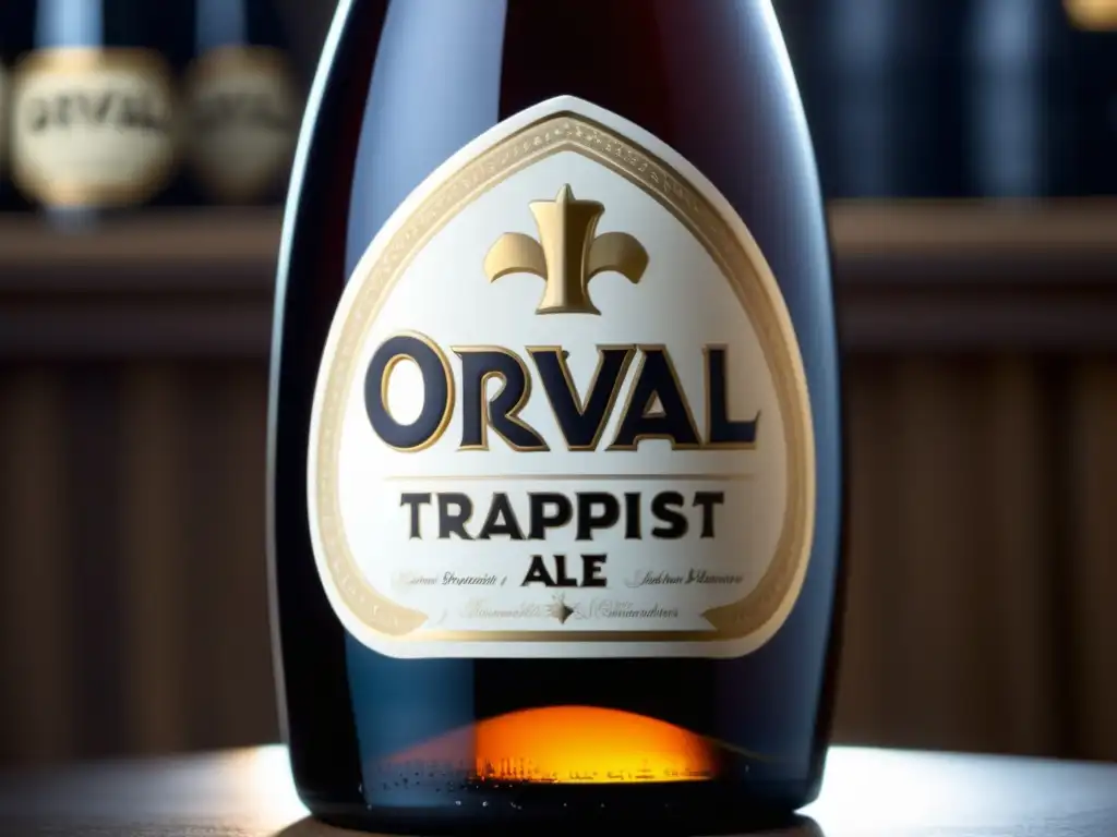 Botella de Orval Trappist Ale con diseño de etiqueta intrincado y textura