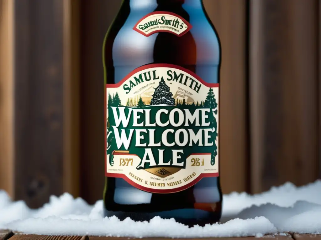 Botella de Samuel Smith's Winter Welcome Ale cubierta de escarcha en una mesa de madera nevada