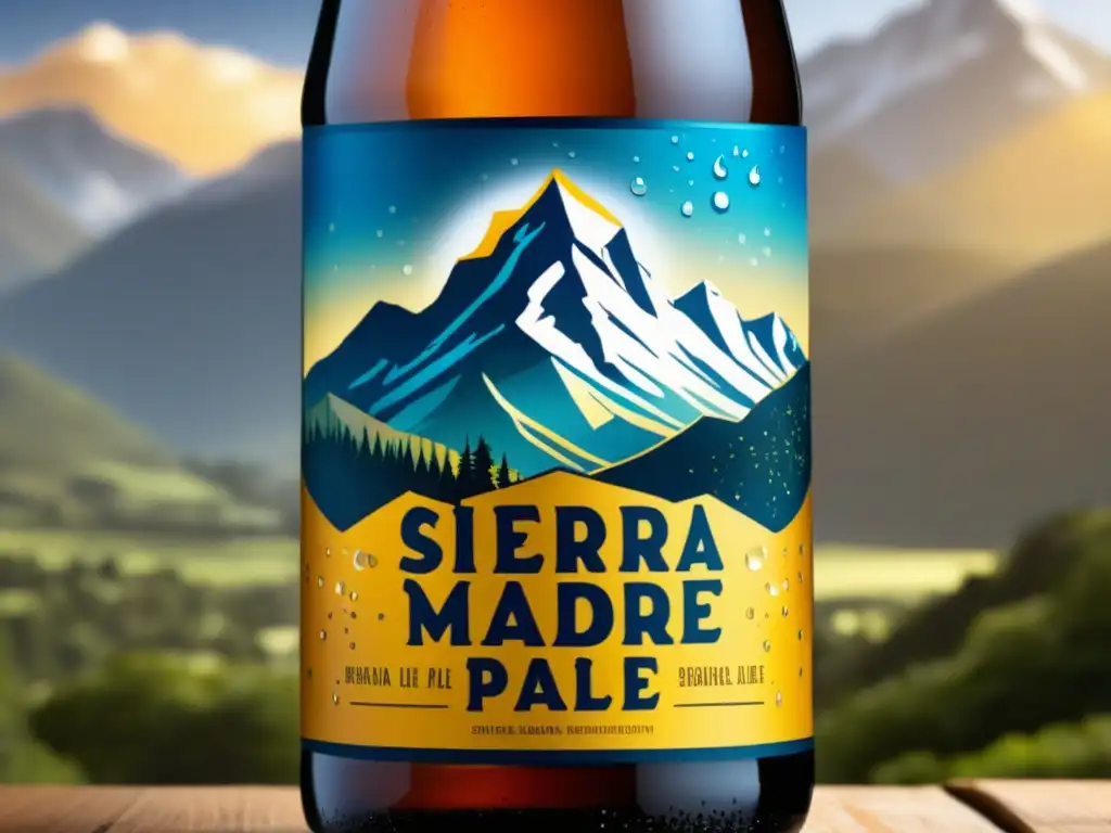 Botella de Sierra Madre Pale Ale con diseño de etiqueta detallado y condensación brillante en fondo mate