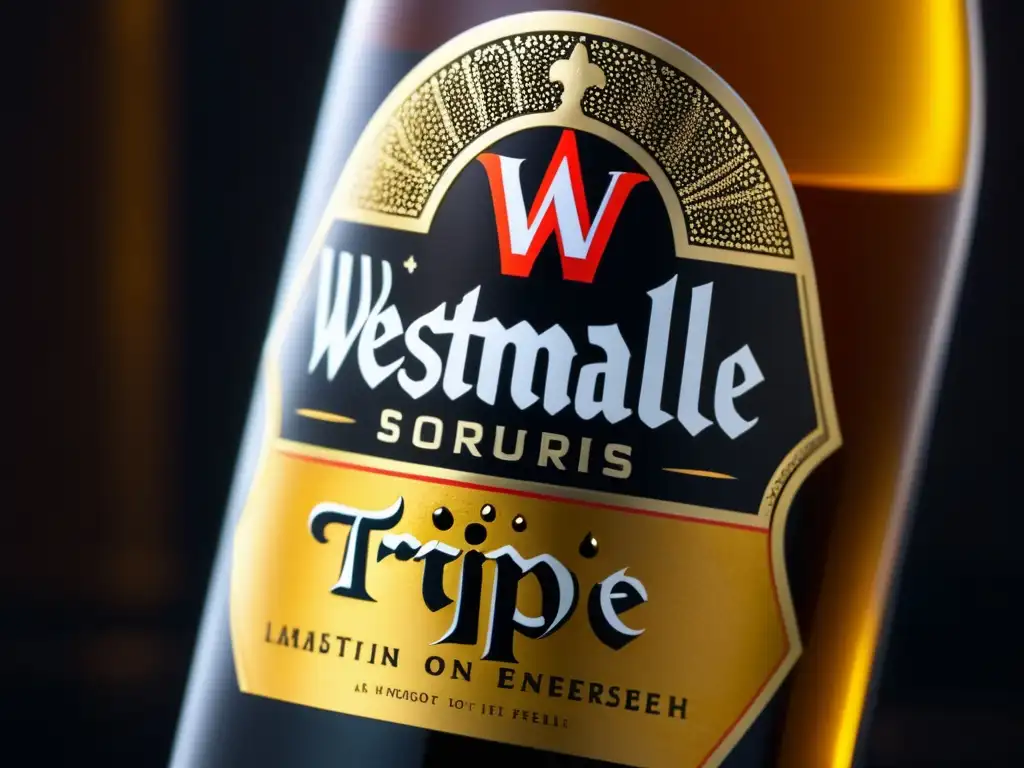 Westmalle Tripel: Botella de cerveza capturada en primer plano, resaltando detalles del diseño y color dorado