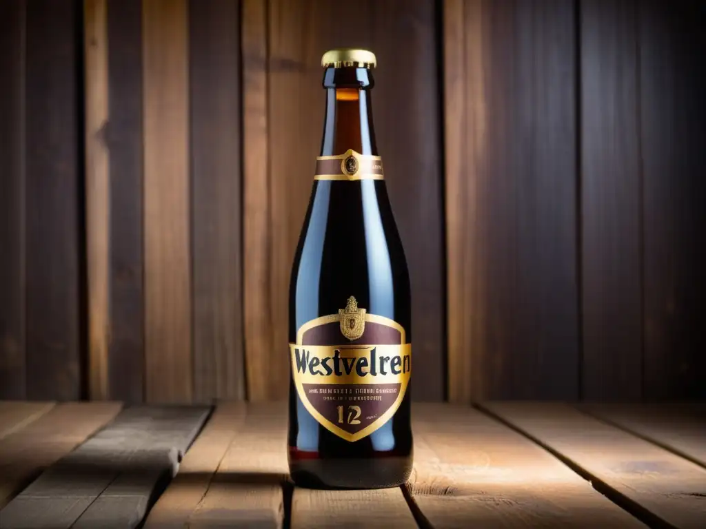 Imagen detallada de la cerveza Westvleteren 12, elaborada por los monjes de Sint Sixtus, en una superficie de madera rústica