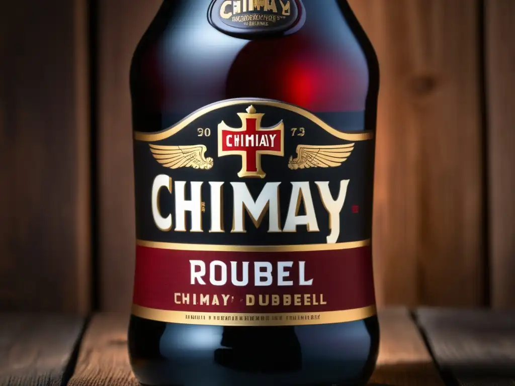 Detalle de botella Chimay Rouge Abbey Dubbel en superficie de madera rústica