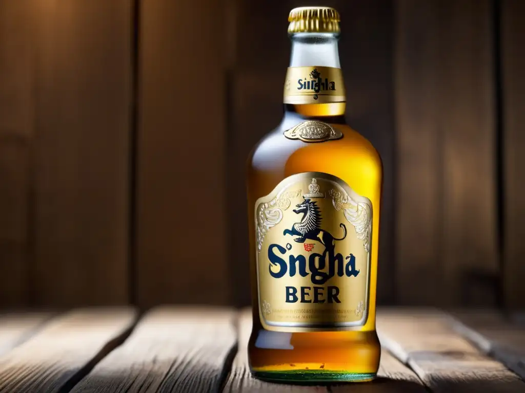 Botella de cerveza Singha, con etiqueta dorada y logo en relieve, sobre superficie de madera rústica