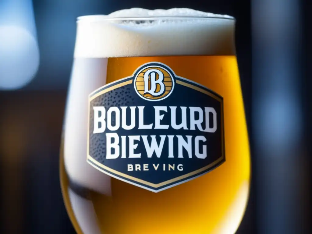 Detalle de cerveza Boulevard Brewing Saison Brett con espuma, burbujas y etiqueta