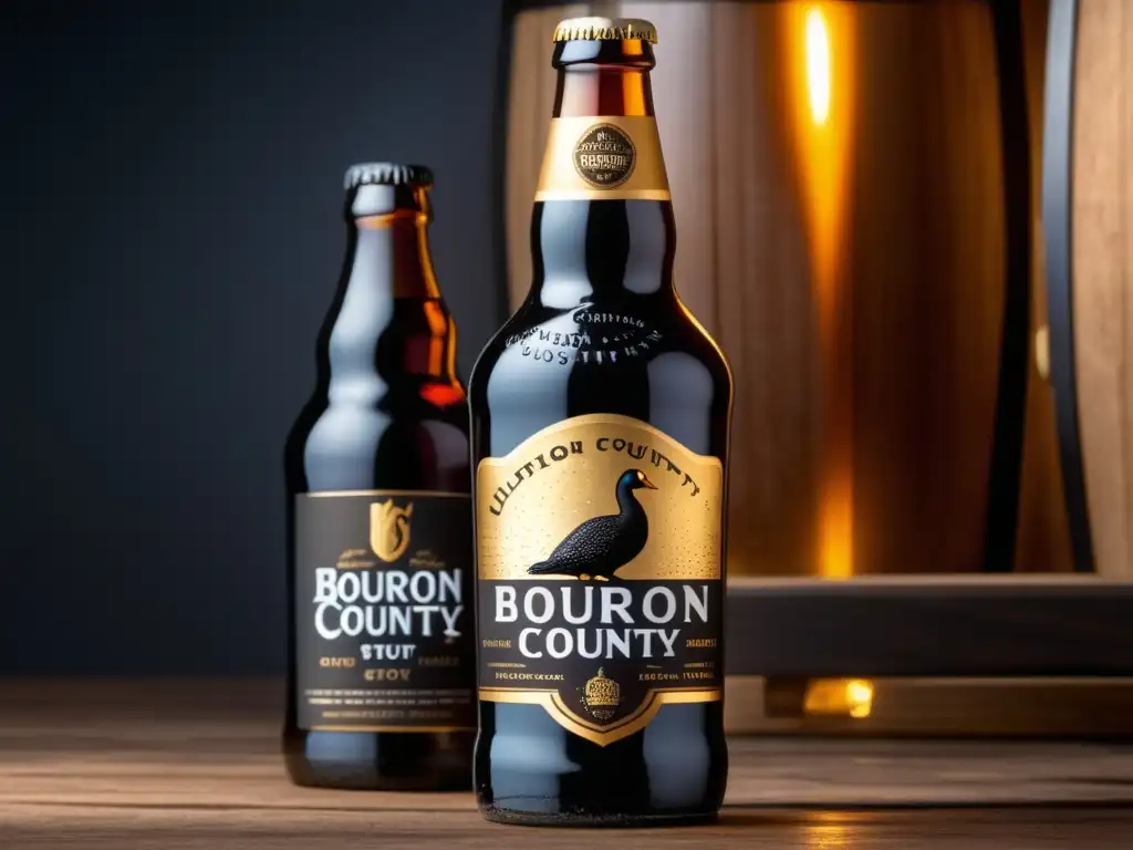 Imagen detallada de una botella de Bourbon County Brand Stout en 8k, con etiqueta meticulosamente diseñada y logo icónico en oro