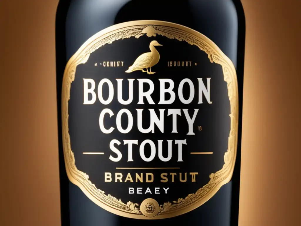 Detalles de la botella de Bourbon County Brand Stout añejada, con acabado mate y etiqueta elegante