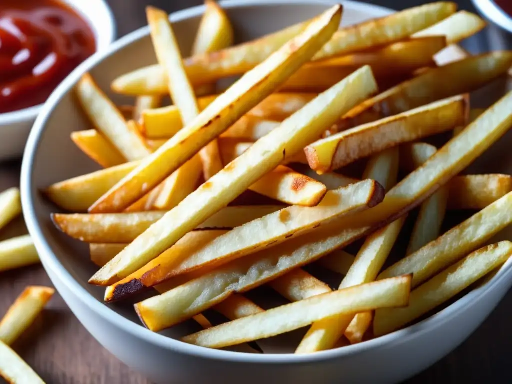 Bowl de papas fritas doradas y crujientes, sazonadas y servidas con salsa de tomate