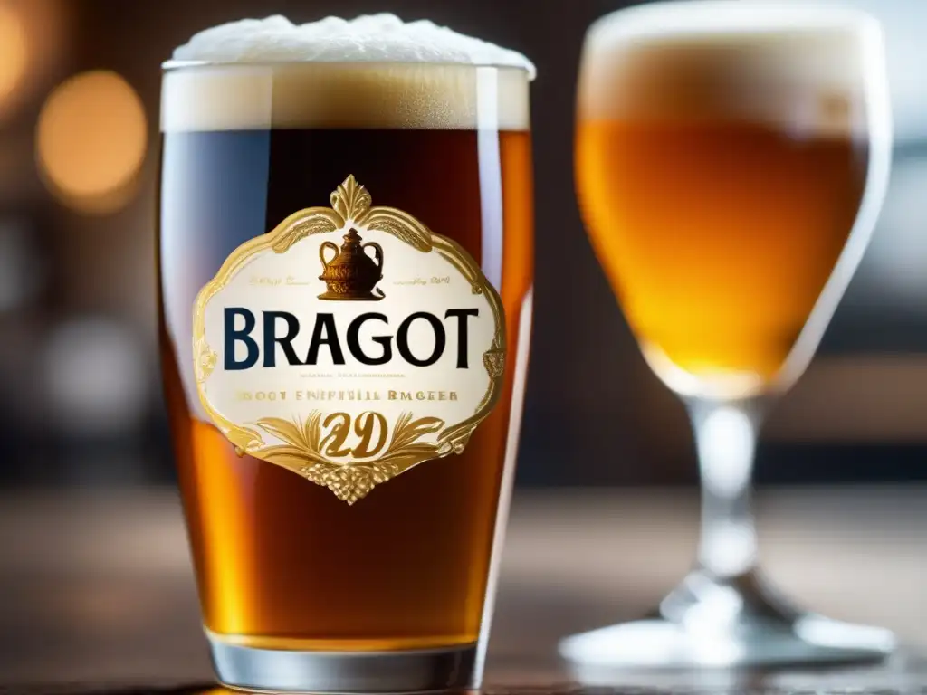 Vaso de cerveza braggot ámbar, elegante y efervescente, resalta su calidad artesanal y refrescante