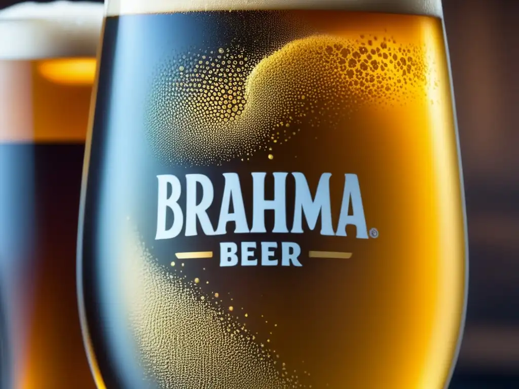 Vaso de cerveza Brahma dorada y espumosa en primer plano, con detalles de burbujas y reflejos brillantes