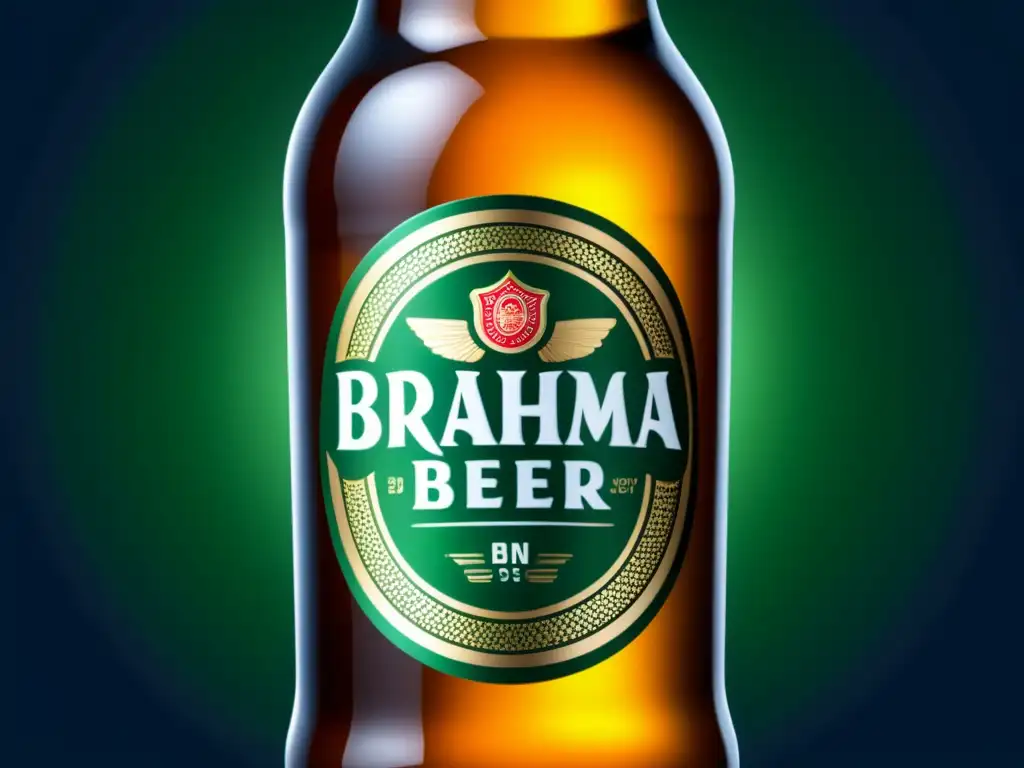 Detalle ultradetallado de una botella fría de cerveza Brahma, con diseño elegante y logotipo prominente