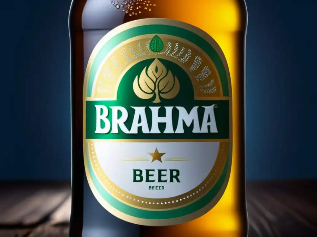 Botella de cerveza Brahma refrescante, con gotas y etiqueta nítida