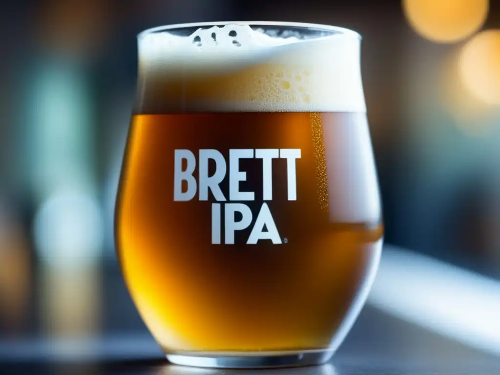 Una imagen de una Brett IPA dorada y turbia en un vaso, con carbonatación vibrante y espuma blanca