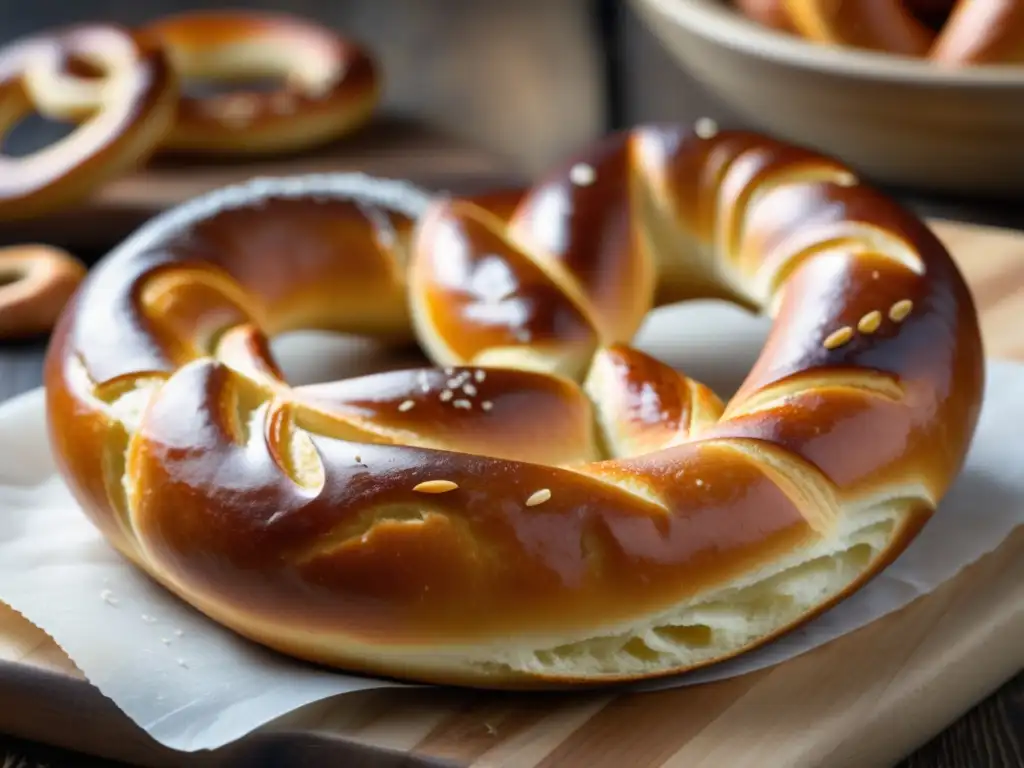 Deliciosa pretzel bávara recién horneada, perfectamente dorada y adornada con sal