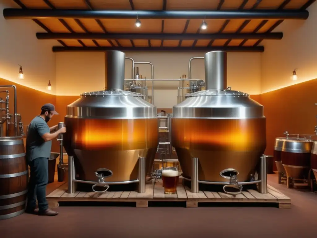 Conoce la Tradición: Detallada imagen 8k de Cervecería Antiguo Barril, con artesanos elaborando cerveza y barriles de madera en segundo plano