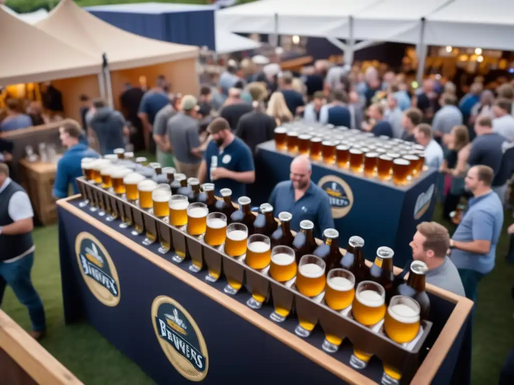 Festival cervecero con profesionales mostrando su cerveza artesanal en un evento vibrante y concurrido