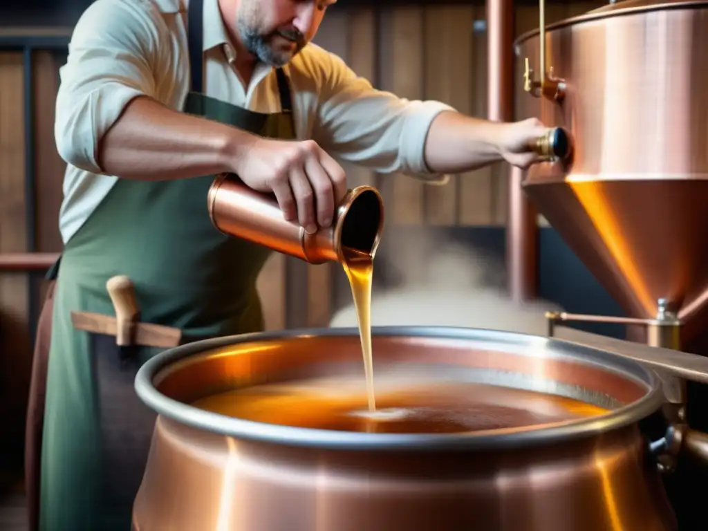 Maestro cervecero vierte líquido ámbar desde caldera de cobre en microcervecería belga