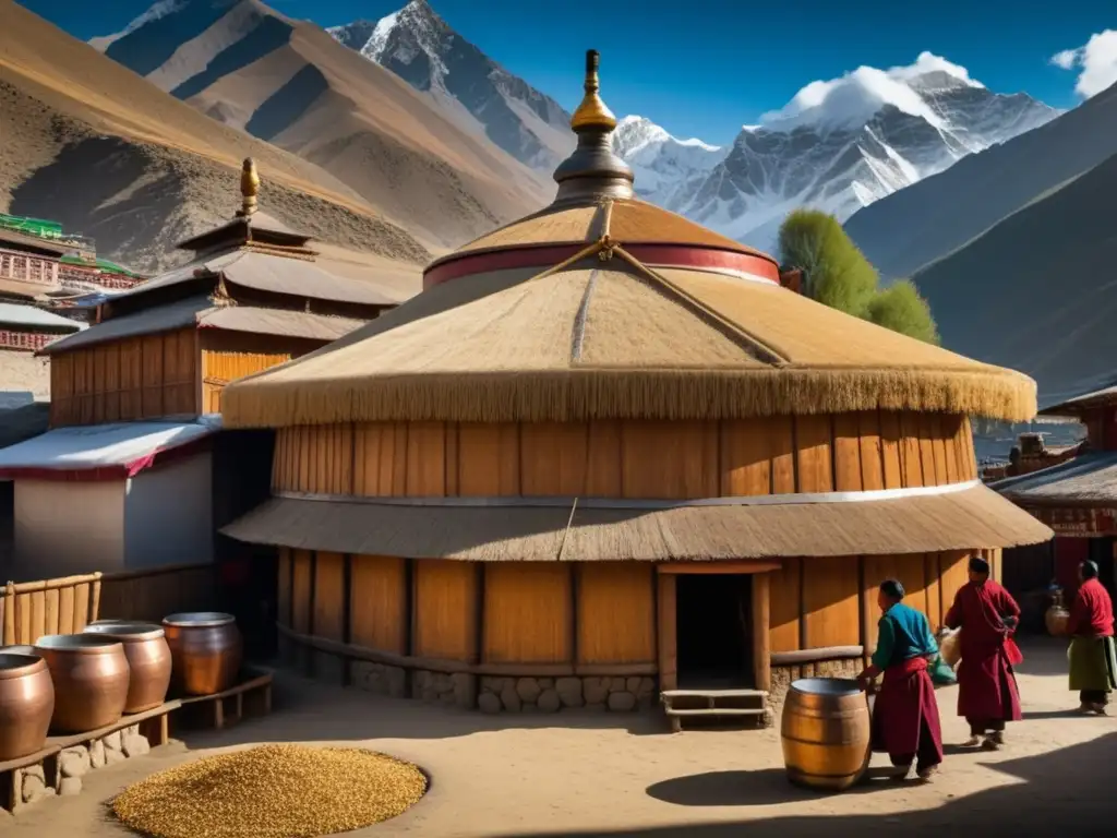 Tibetan brewery in Himalayas: brewers, copper vats, traditional attire, breathtaking landscape