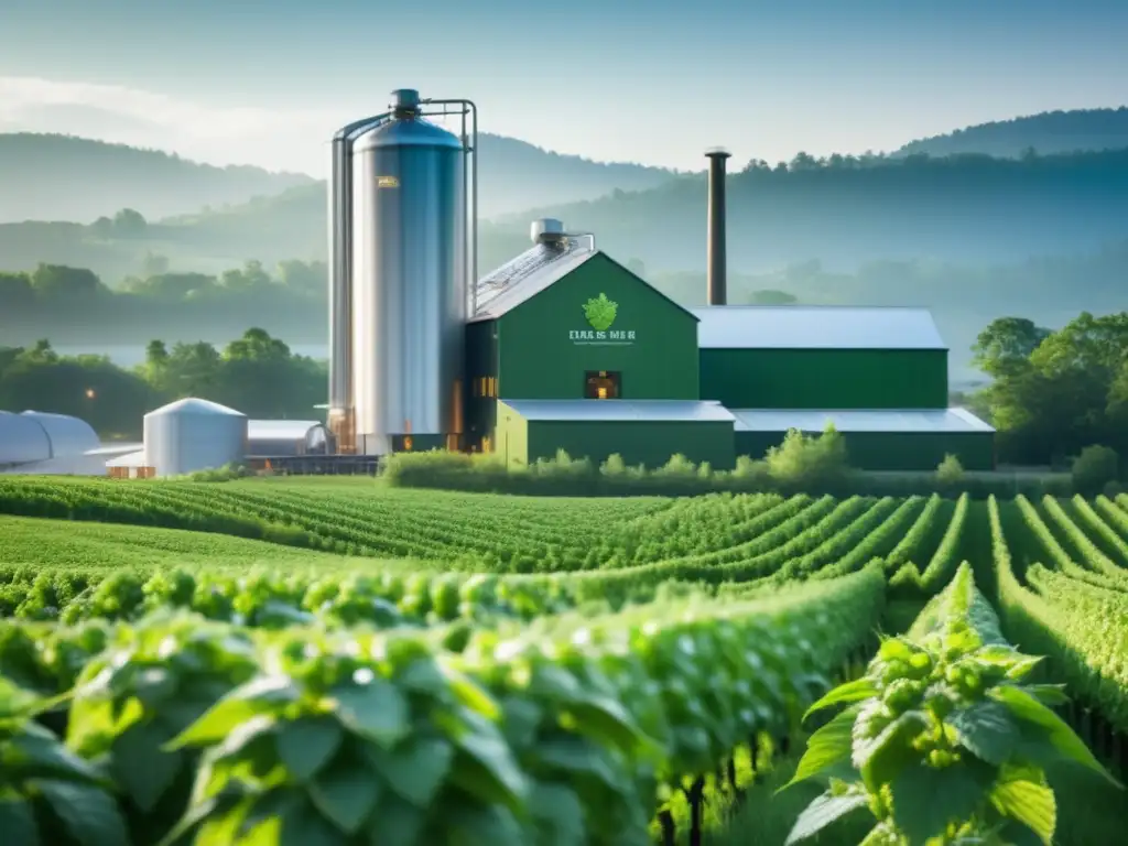 Cervecería ecológica rodeada de naturaleza, resaltando detalles de lúpulo y arquitectura sostenible