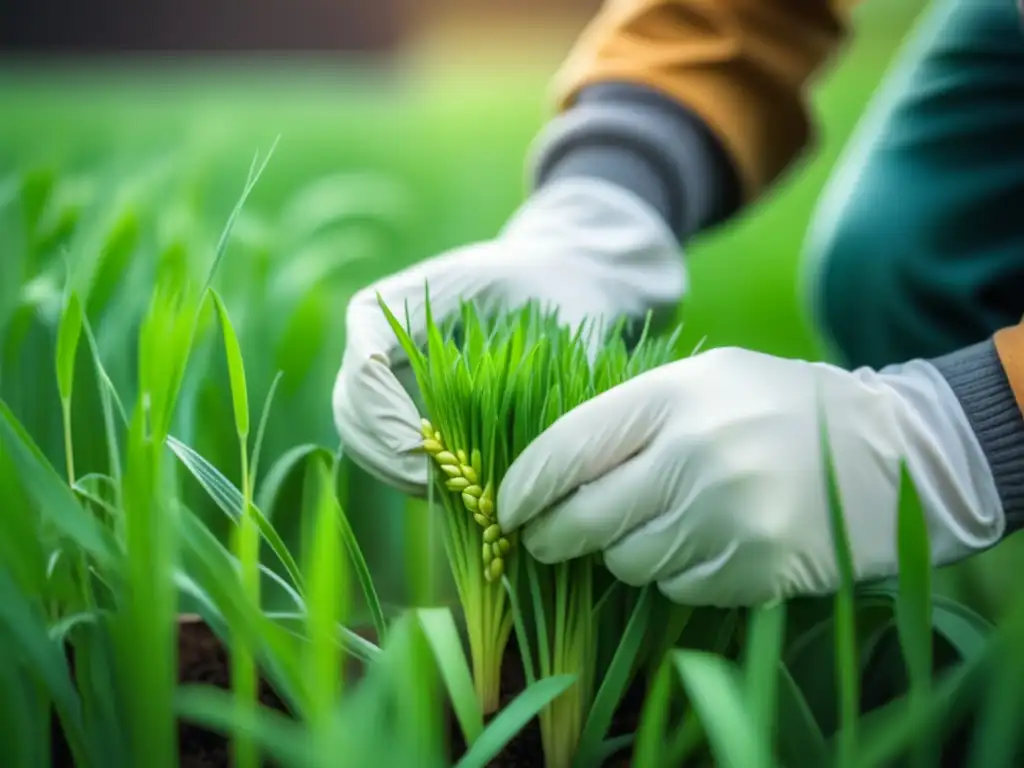 Inspección cuidadosa de plantas de cebada verde en un jardín sostenible de una cervecería - Hacia un Futuro Sostenible