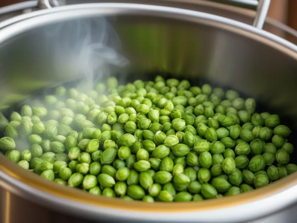 Imagen de una olla de cocción con lúpulos y cebada, resaltando los detalles de los ingredientes