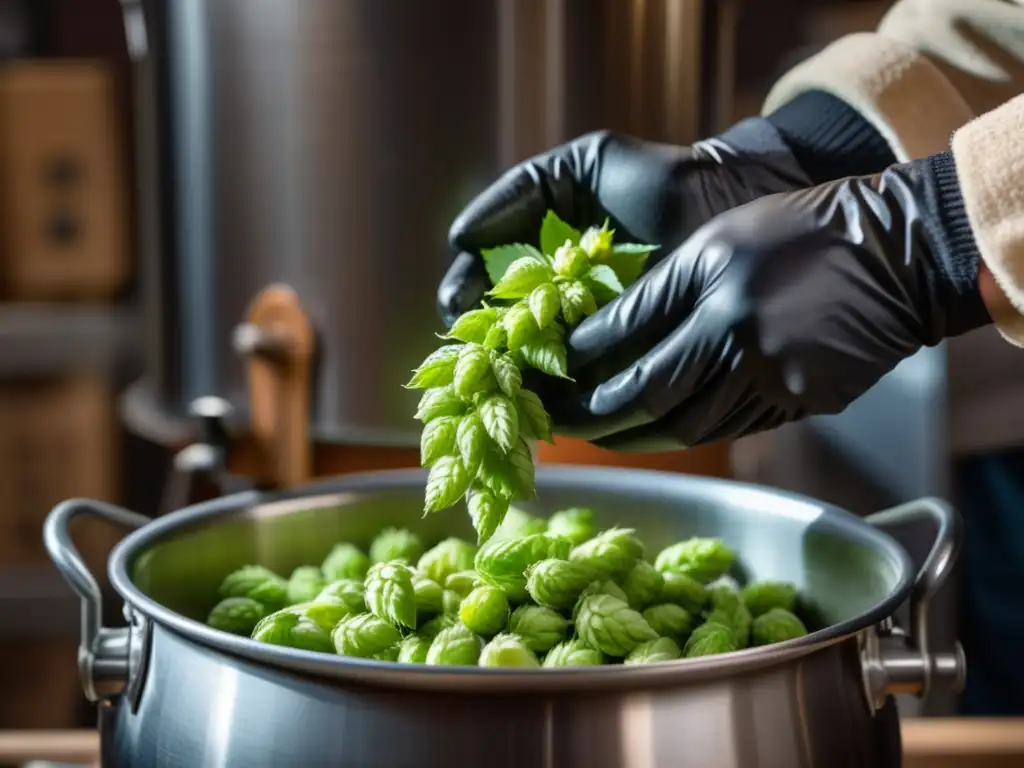 Cerveza Artesanal: Detallada imagen de un maestro cervecero midiendo y vertiendo lúpulos en una olla de cocción