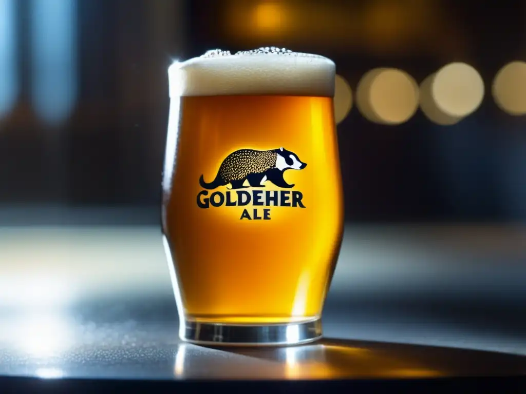 Vaso de cristal lleno de cerveza Badger Golden Champion, con burbujas y espuma delicada