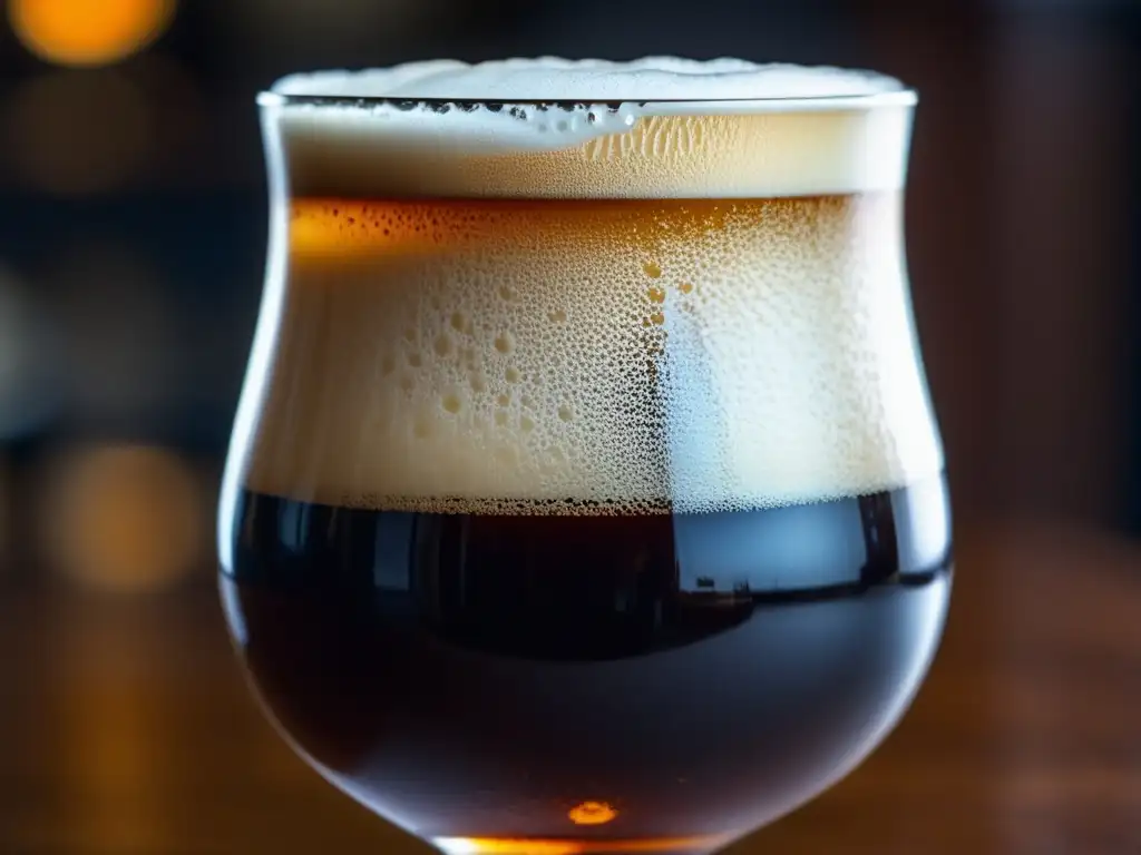 Brown Ale vertida en copa elegante, con espuma cremosa y tonos ámbar