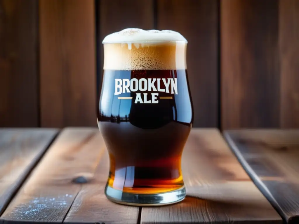 Imagen detallada de una cerveza Brooklyn Brown Ale en un vaso de cristal en una mesa de madera