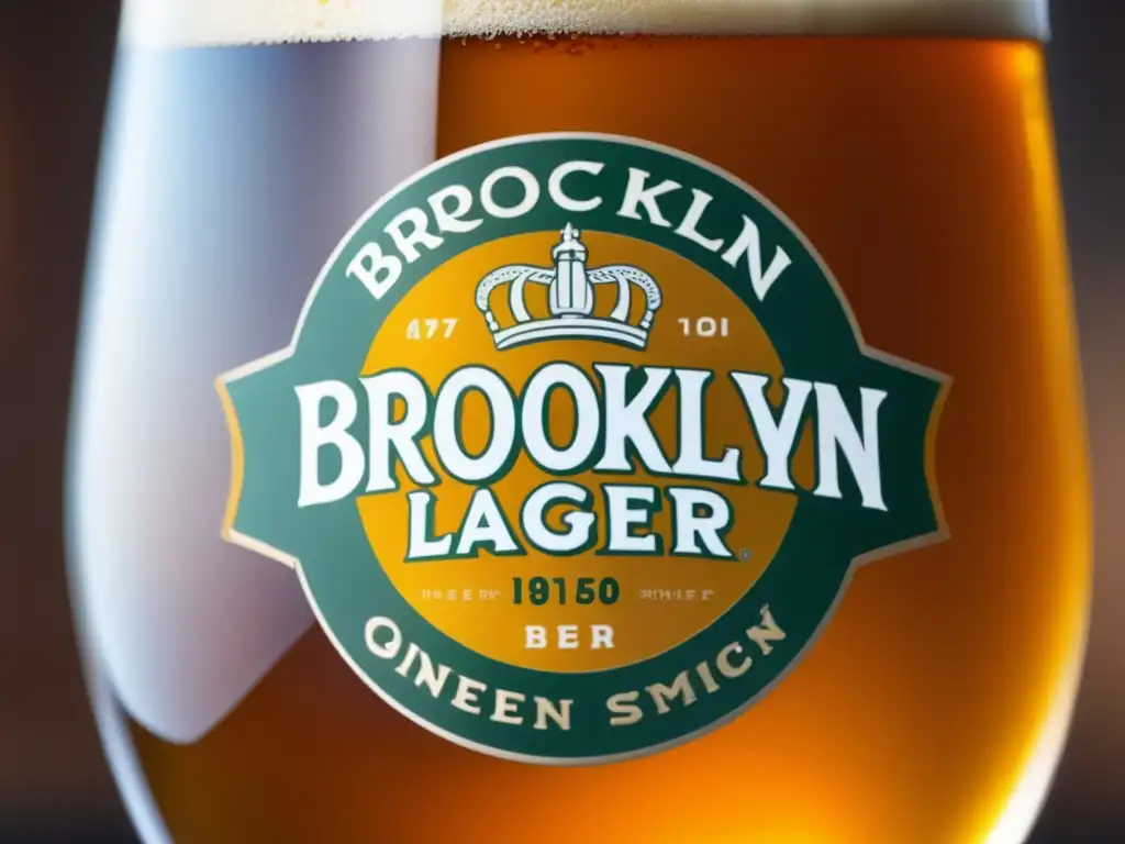 Una cerveza Brooklyn Lager dorada y burbujeante con condensación en el vaso, resaltando su elegancia y autenticidad