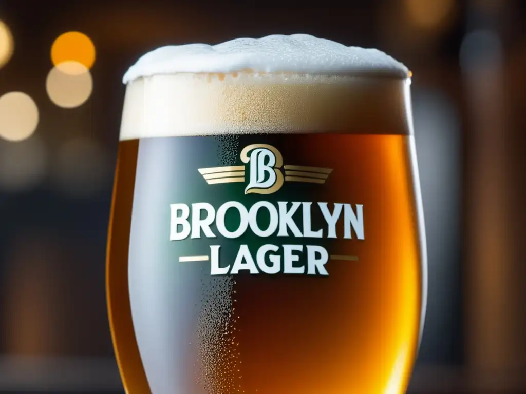 Cerveza Brooklyn Lager: una cerveza ámbar americana con burbujas y condensación