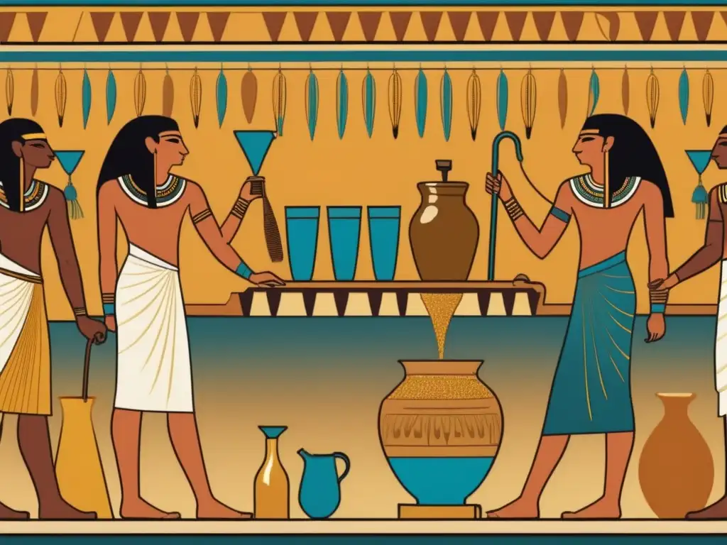 Escena de elaboración de cerveza egipcia con vibrantes colores y tradición: El Regalo de Osiris