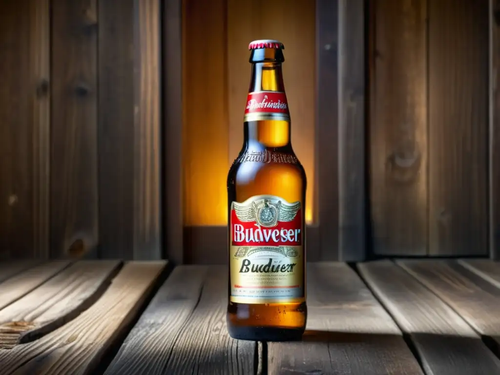 Botella de Budweiser en mesa de madera rústica: color dorado, condensación y logo de Budweiser con Clydesdales de fondo