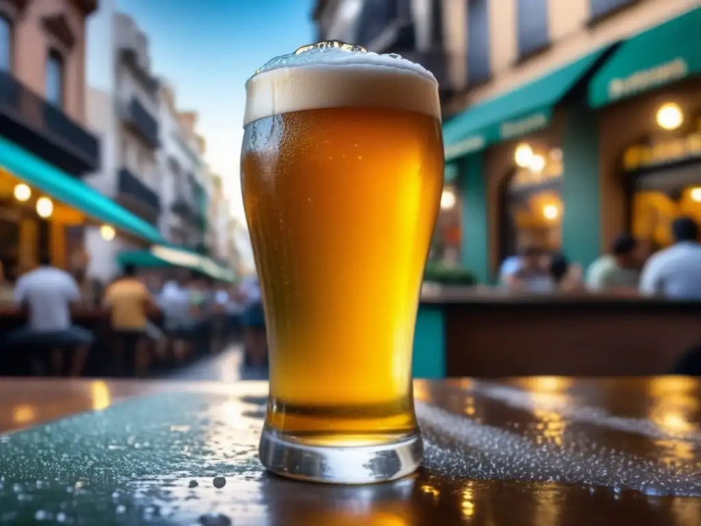 Escena vibrante de una calle en Buenos Aires, Argentina, con un jardín de cerveza repleto de gente disfrutando de sus bebidas - South Beer Cup