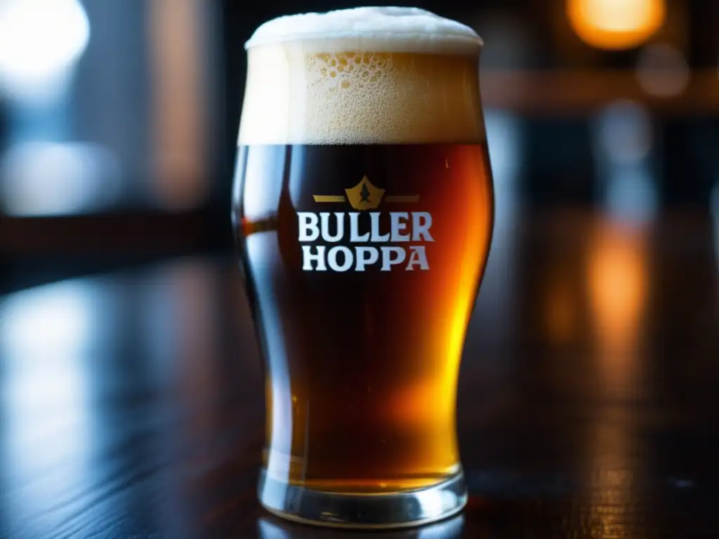 Cerveza Buller Hophead Double IPA: color ámbar, espuma blanca, burbujas, condensación, detalles precisos, acabado mate