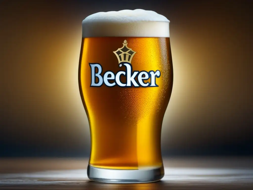 Detalle cautivador de cerveza Becker: burbujas doradas, efervescencia y condensación, mostrando la artesanía de su elaboración