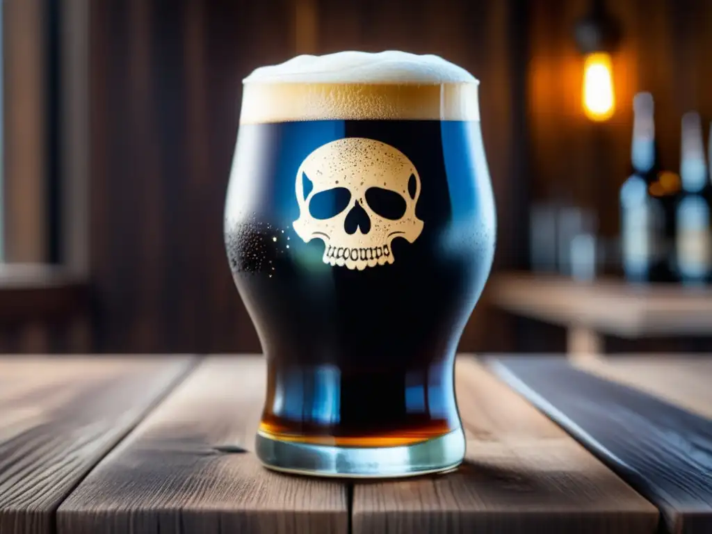 Cerveza Stout de Calavera: Imagen ultradetallada de una copa rebosante en una mesa de madera rústica