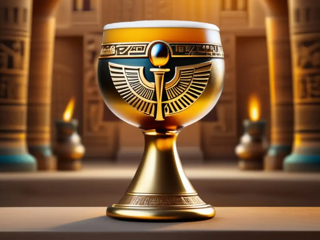 El Regalo de Osiris: Chalice de cerveza dorada, con jeroglíficos egipcios y detalles de Osiris, resaltado por la iluminación y sombras