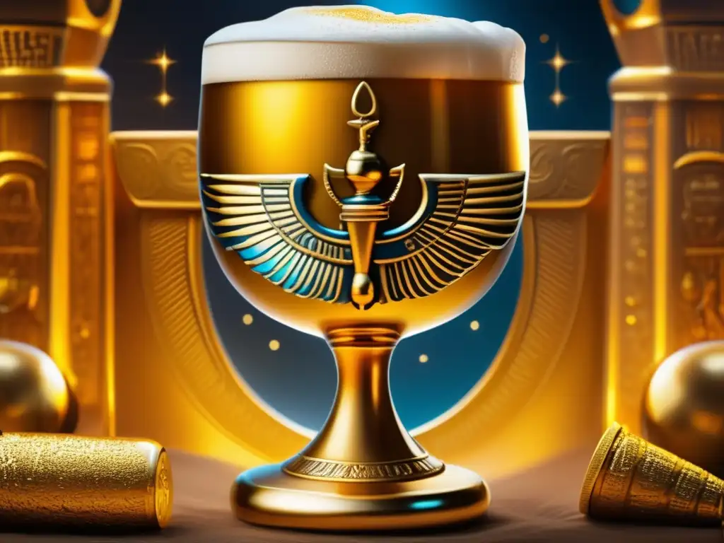 Chalice dorado lleno de cerveza ámbar, con grabados de Osiris, dios egipcio, y espuma detallada