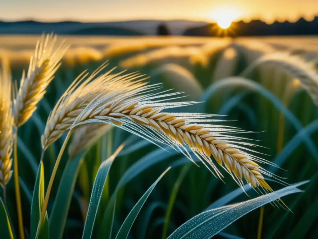 Un campo de cebada dorada al amanecer, con detalles increíbles de cada tallo y briznas de rocío, evocando la belleza de la cerveza Pilsner