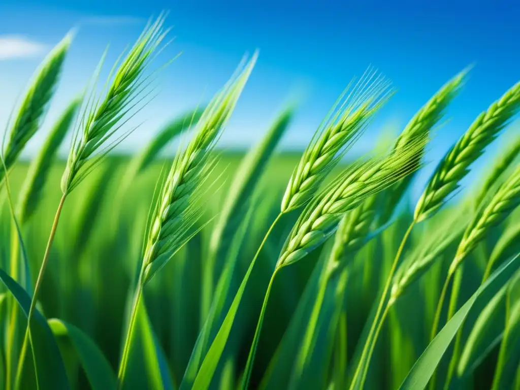 Tendencias Ecológicas: Campo de cebada orgánica, vibrante y detallado, en contraste con el cielo azul