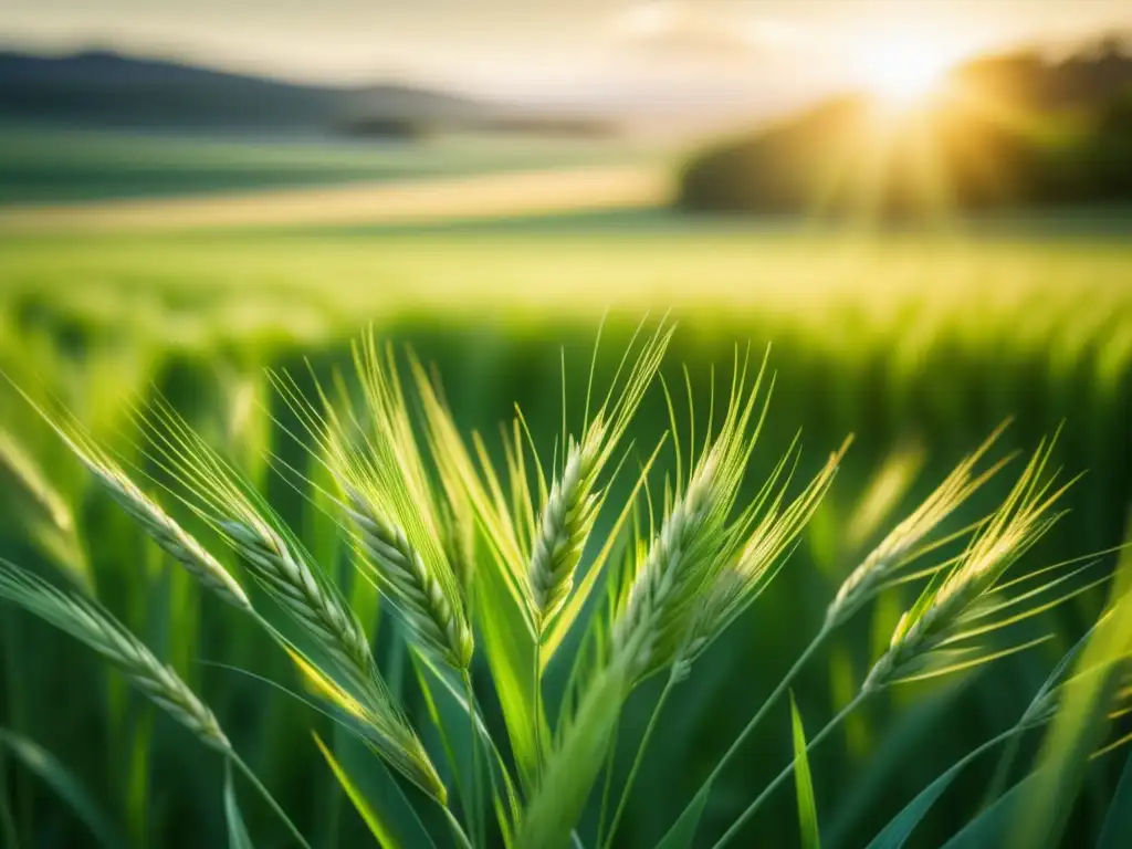 Tendencias Ecológicas: Campo de cebada verde radiante, bañado en luz dorada, con cada grano de cebada en perfecto enfoque