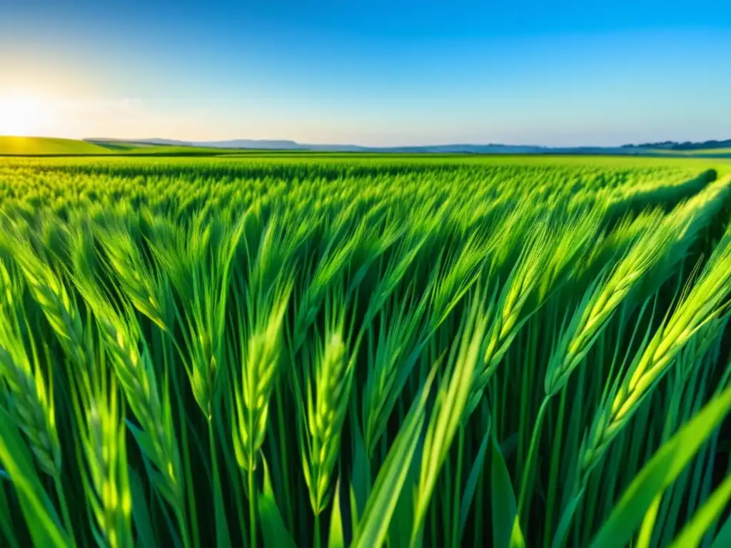 Hacia un futuro sostenible: campo de cebada verde vibrante, bañado en luz dorada