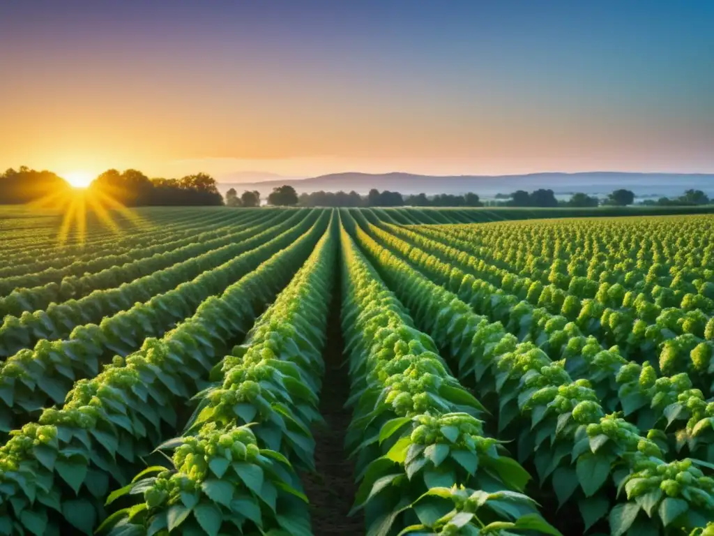 Retos de producción en un campo de lúpulo al atardecer, con filas de exuberantes plantas verdes que se extienden hasta donde alcanza la vista