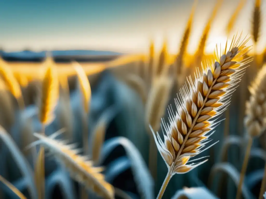 Campo de trigo dorado en Bélgica, delicadamente cubierto de escarcha