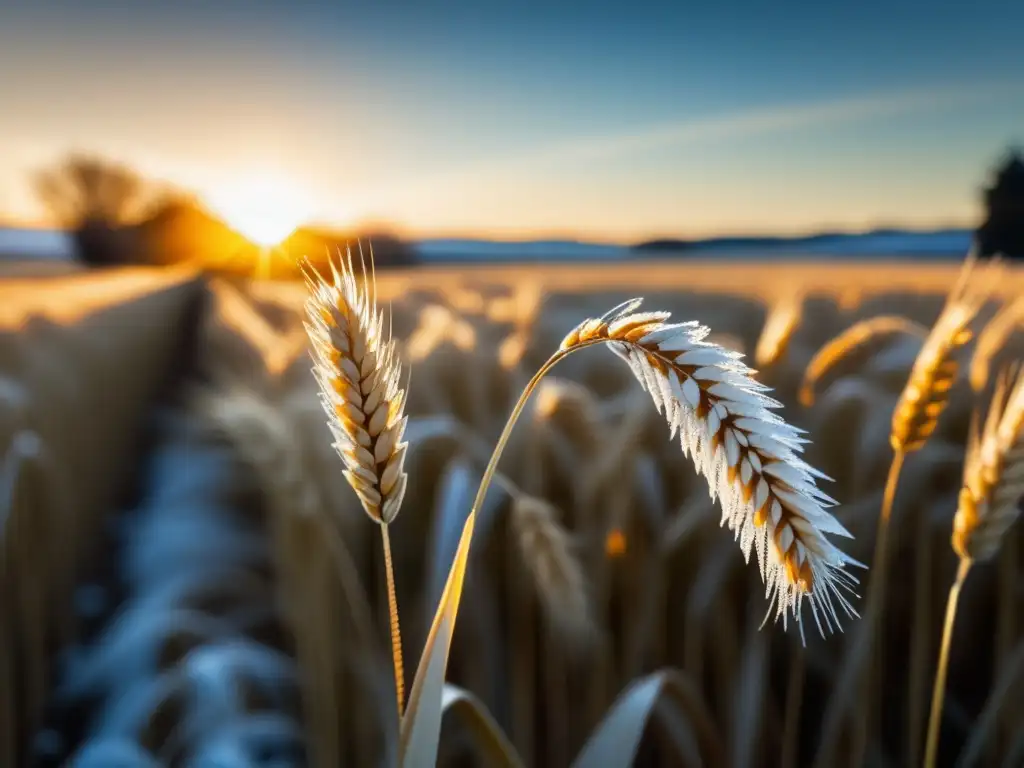 Campo de trigo al amanecer, con luz dorada y detalles de granos