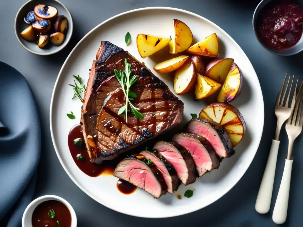 Delicioso plato de porterhouse grillado con papas asadas, champiñones salteados y salsa reducción de porter