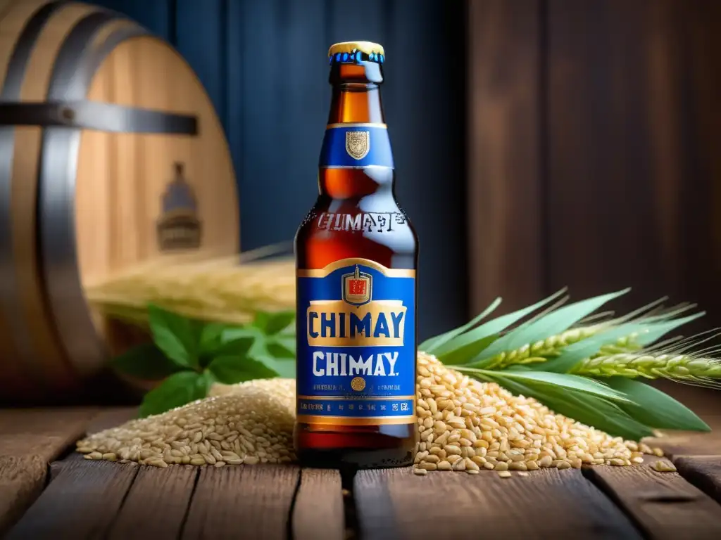 Chimay Blue Cap: cerveza en botella sobre superficie de madera con granos de cebada y lúpulo, destacando su diseño de etiqueta y colores ricos