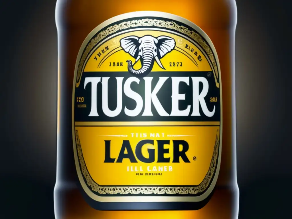 Imagen detallada de una botella de Tusker Lager con condensación, destacando su frescura y elegancia