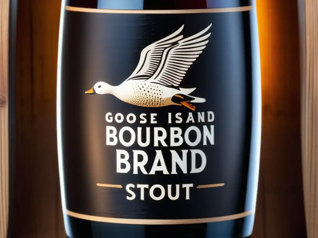 Imagen detallada de una cerveza Stout Goose Island Bourbon County Brand, en un vaso sobre un barril de madera