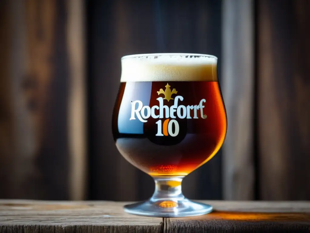 Cerveza Rochefort 10 Quadrupel, color ámbar profundo, cabeza cremosa, efervescencia y elegante textura mate